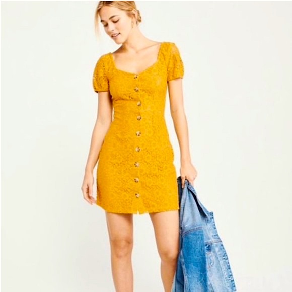 Abercrombie & Fitch Dresses & Skirts - NWT ABERCROMBIE AND FITCH MINI MUSTARD LACE BUTTON DOWN BALLON SLEEVE DRESS